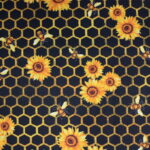 Sunflowers and bees on honeycomb pattern.
