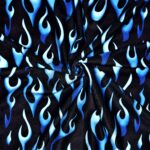 Blue flame pattern on black fabric background.