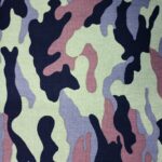 Camouflage pattern with black, pink, purple shapes.