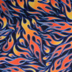 Flame-patterned fabric with orange and blue swirls.