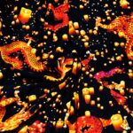 Dragons and lanterns on black fabric background.