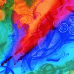 Abstract colorful painting with swirls and splatters.